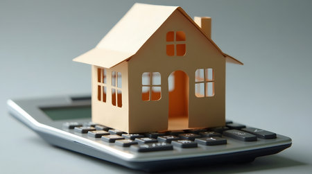 Creative concept, paper house placed on financial calculator, selective focus, selective focusの素材