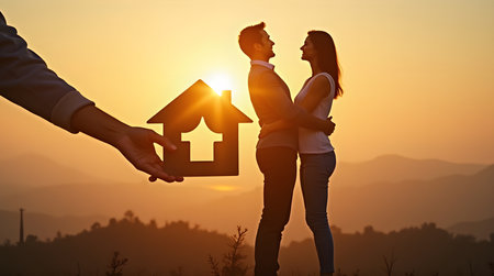 Creative silhouette of couple holding house shape cut-out, photo conceptの素材