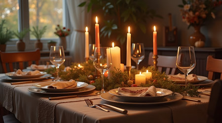 Theme Christmas, Cozy table setting with candles and seasonal greeneryの素材