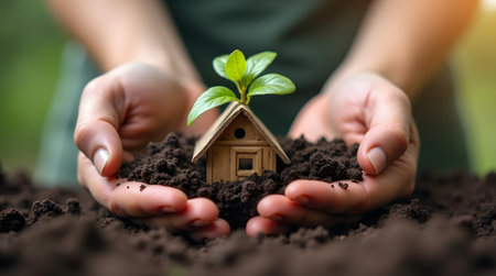 Creative photo of hands planting miniature house in soilの素材