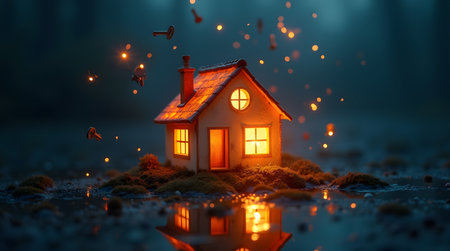 Creative composition of keys floating around glowing houseの素材