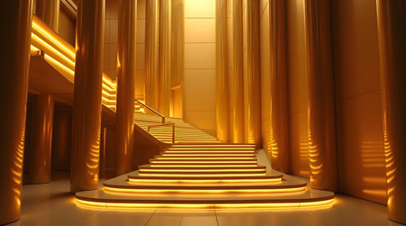 Golden staircase leading up to glowing house, dream home conceptの素材