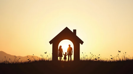 Creative silhouette of family standing under house roof cut-outの素材