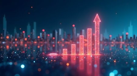 3D glowing city skyline with bar chart arrows risingの素材