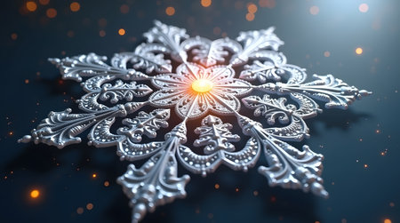 Theme Christmas, Abstract fractal mandala snowflake glowing in silverの素材
