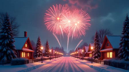 Theme Christmas, fireworks glowing above snowy rooftopsの素材
