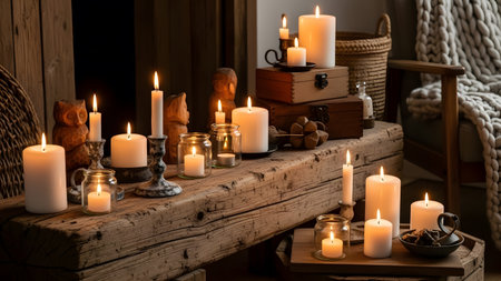 Theme Christmas, Cozy rustic decor with candles, wood, and soft glowの素材