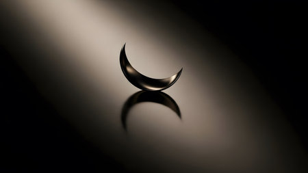 Theme Ramadan or Eid Mubarak, Minimal crescent reflection on metallic surfaceの素材