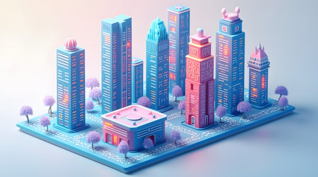 Abstract isometric design of futuristic smart city blocksの素材