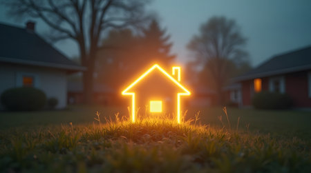 Golden key floating above glowing suburban house, real estate success conceptの素材