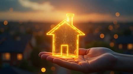 Golden key floating above glowing suburban house, real estate success conceptの素材