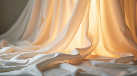 Theme christmas, Elegant background with white silk fabric and golden lightsの素材