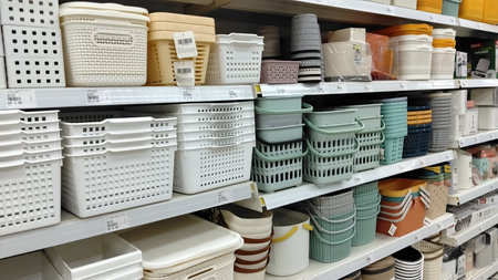 Assorted plastic storage baskets in different sizes and colors displayed on store shelves, selangor-Malaysia Jan 17th 2026のeditorial素材