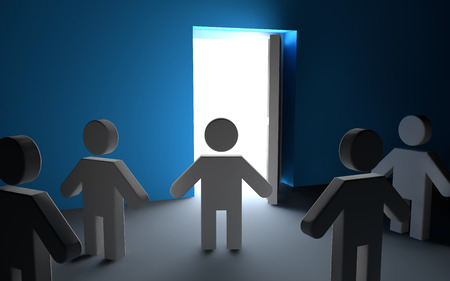3d men looking at open doorの写真素材