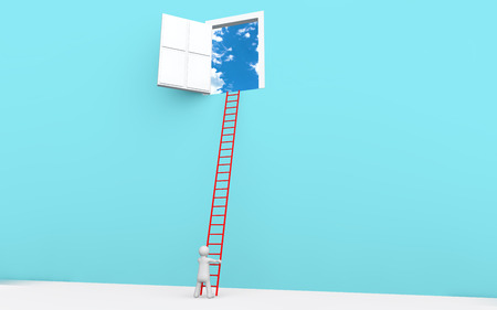3d man with ladder to a door in skyの写真素材