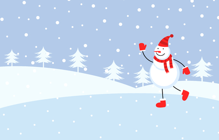 Cute snowman skating on frozen lakeのイラスト素材