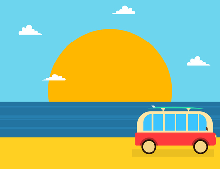 Summer vacations travel concept banner with van and tropical beach landscapeのイラスト素材