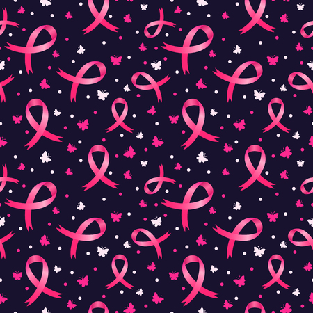 Pink ribbons and butterflies breast cancer awareness themed seamless patternのイラスト素材