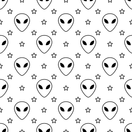 Alien face and stars black and white seamless patternのイラスト素材
