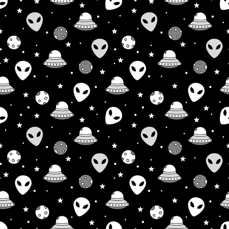 Monochrome space themed seamless pattern with alien face and shipsのイラスト素材