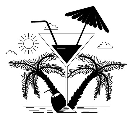 Black and white tropical beach and drinks drawingのイラスト素材
