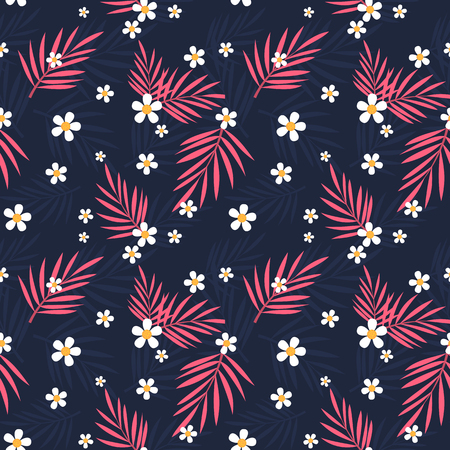 Tropical pink leaves and white flowers seamless patternのイラスト素材