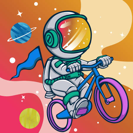 astronauts playing bikes in space designのイラスト素材
