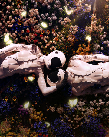 3D illustration of male and female astronaut couple lying in a beautiful flower garden.. romance...