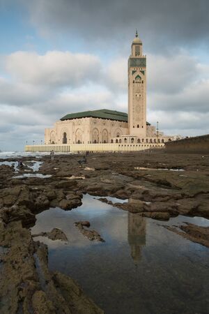 CASABLANCA, MOROCCO - September 11, 2015 - Hassan II Mosque at low tide.のeditorial素材