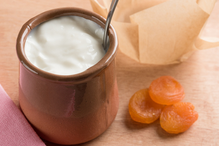 White homemade yogurt in a clay jar with dried apricotの写真素材