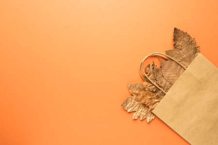 Autumn sale. Gold leaves in a bag on an orange background.の写真素材