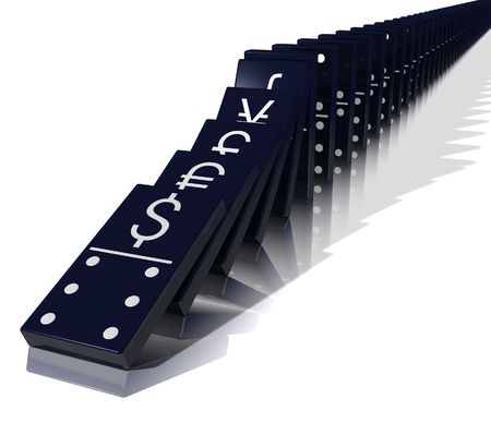 Global economic crisis illustrated by falling black dominos with major currency symbols stamped on them.の写真素材