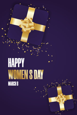 Happy Spring Women s Day, March 8. A gift box with a gold bow and tinsel in the background. Gift template for posters, greeting cards and banners for websites. Flat top view. Vector illustrationのイラスト素材