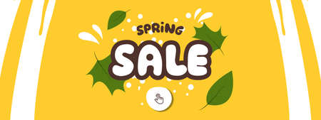 Horizontal design of the poster for the day of sale. With the text spring sale on a yellow background with drops and green leaves, it is suitable for social networks and websites. Vector illustrationのイラスト素材