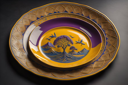 Colorful ceramic plate on black background. generative aiの素材