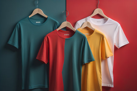 Colorful t-shirts on hangers on red and green background. generative aiの素材