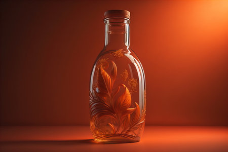 Bottle with floral design on orange background. generative aiの素材