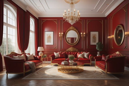 Classic red living room interior with furniture, armchairs and mirror. generative aiの素材