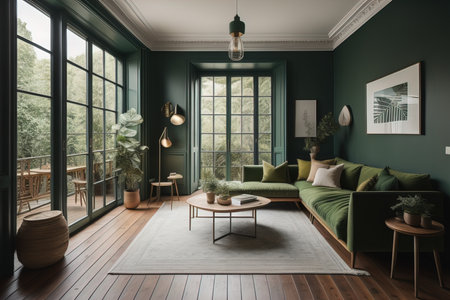 Green living room interior design with green sofa, coffee table and plants. generative aiの素材