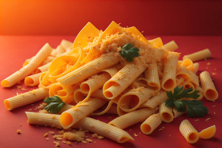 Rigatoni pasta with parmesan cheese on red background. generative aiの素材