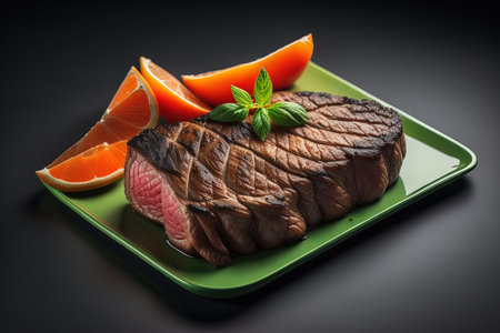 Grilled beef steak with orange and basil on a black background. generative aiの素材