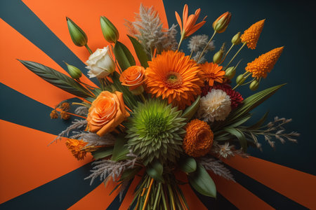 Bouquet of orange flowers on a blue and orange background. generative aiの素材