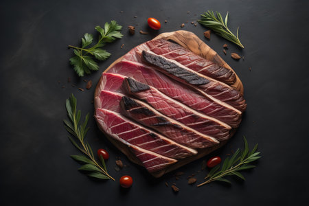 Raw T-bone steak with spices and herbs on a black background. generative aiの素材