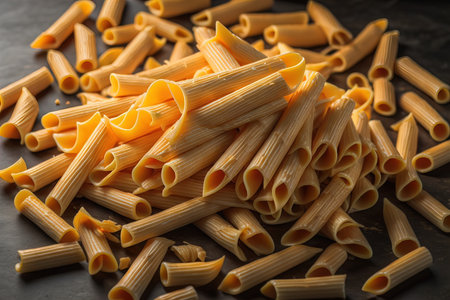 close up of a pile of uncooked italian penne pasta. generative aiの素材