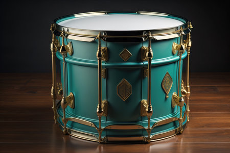 a turquoise drum on a wooden floor. generative aiの素材