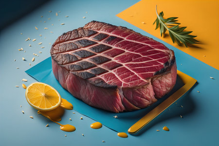 Sliced raw beef steak with lemon on blue and yellow background. generative aiの素材