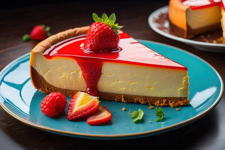 Cheesecake with fresh strawberries and mint on a blue plate. generative aiの素材