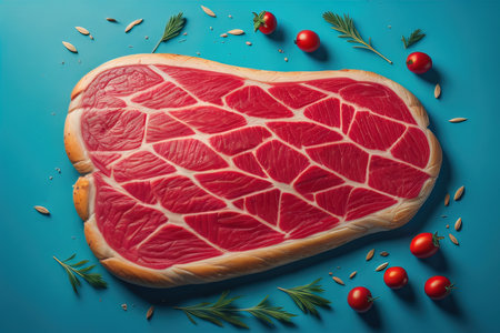 Raw beef steak with rosemary and tomatoes on blue background. Toned. generative aiの素材