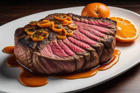 Sliced roast beef on white plate with orange and sauce on wooden table. generative aiの素材