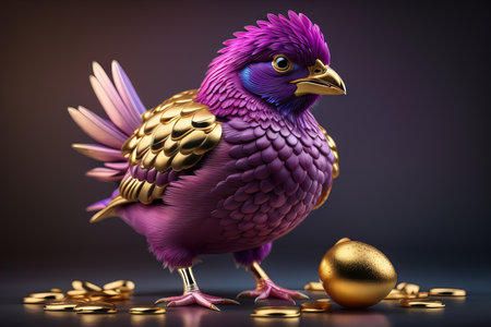 Purple bird with golden eggs on a dark background. generative aiの素材